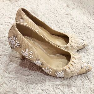 Antonio Melani vintage leather beaded fringe heels tan beige size 9.5